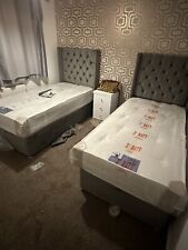 Ottoman Bed Divan Storage Plush Velvet + Panel Bed 54” headboard- grey