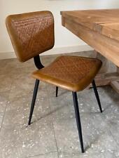 Dining Chair Brown Leather & Rattan - Industrial Black Iron Frame