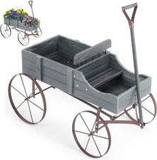 Grey Wooden Garden Wagon Planter Decorative Flower Cart w/ Handle & Wheels