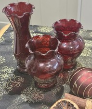 Ruby Red Fluted Glass Vases X3