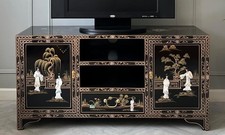 Chinese Oriental Black Lacquer Mother of Pearl TV Media Cabinet