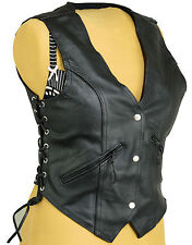Womens Leather Motorbike Waistcoat Ladies Biker Vest Laced Sides