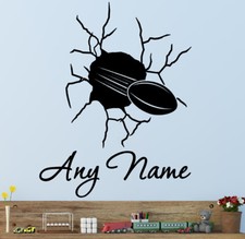 Rugby Ball Bursting Through Wall Sticker With Any Custom Name. WALL ART  N117