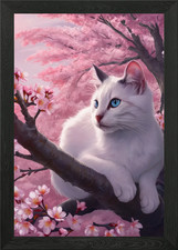 White Cat in Cherry Blossom