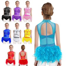 Girls Feather Skirt Leotard Latin Jazz Dancewear Costume Color Block Jumpsuit