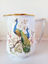 Vintage Ceramic Pitcher Jar Jug Water Juice Peacock Bird Blue White Hand painted