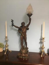 ANTIQUE FRENCH BRONZED LAMP, “LE TRIOMPHE” After LOUIS MOREAU. CIRCA-1910.