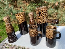 Vtg 1970s retro fat lava treacle glaze coffee set pot 2 mugs salt pepper & vase