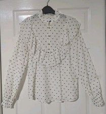 Zara Cream Polka Dot Long Sleeve Frill Blouse Size M UK 12
