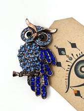 Blue Rhinestone Owl Brooch