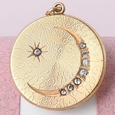 Antique Victorian Crescent Moon Star Large Gold Filled Paste Pendant Locket