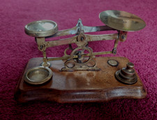 Vintage Brass Postal Scales, Letter Scales with weights 2oz, 1oz and 2x 1/2 oz