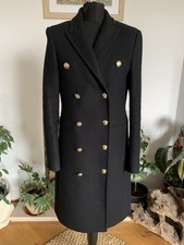 Zara Black Long Wool Coat Jacket Overcoat Small - Military Double Breasted