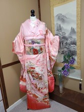 Vintage Japanese Kimono Pink With Cherry Blossom & Fan Design