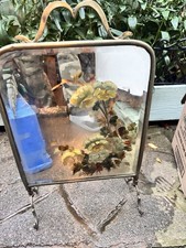 Antique Victorian Brass Fire Screen with Beveled Mirror and Hand-Painted Flowers