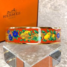 Vintage Hermes Enamel Bangle Bracelet Red Enamel Fruits Gold Rim Size 70 w/ Case