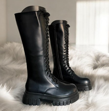 Womens Black Knee High Lace Up