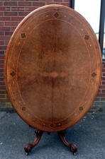 Victorian antique burr walnut dining table tilt top Tunbridgeware inlaid seat 6