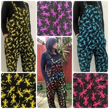 Colourful Gecko Print Dungarees Funky Hippie Romper Festival Jumpsuit Overalls