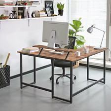L Shaped Corner Desk Rustic Brown Black with Monitor Stand Computer Office 