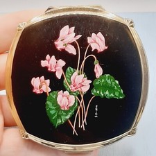 Vintage STRATTON Powder Compact PINK FLOWERS Black Enamel c.1960s 'ERIKA'