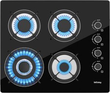 60cm Gas Hob 4 Burners Black Glass Built in Gas Cooktop Cast Iron Support NG/LPG