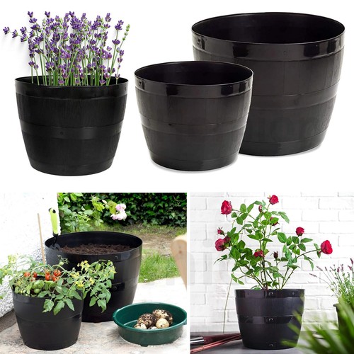 Black barrel planter - black, round