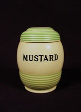 RARE 1930s GREEN BANDED MUSTARD JAR w LID STREAMLINE T G GREEN YELLOW WARE MINT