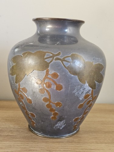 Vintage pewter vase with brass - vase,