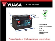 EFB Car Battery YBX7100 Yuasa 100 EFB 650A 65Ah 4Yr WTY 278x175x175 Start Stop