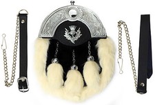 FULL DRESS KILT SPORRAN WHITE RABBIT FUR & CHROME CELTIC CANTLE WITH THISTLE 