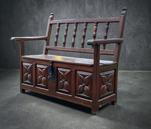 Carved monks bench pew - , storage