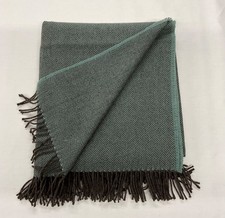 PURE WOOL Fringed Throw/Blanket/UK WOVEN. Dark Sage/Brown Herringbone Free P+P