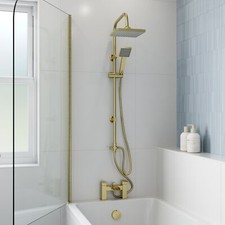Brushed Brass Bath Shower Mixer Waterfall Tap Kit Square Riser Rail Dual Heads