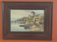 Vintage Print on Board Coastal Scene with People in boats by Daniel Sherrin