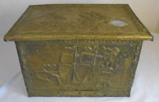 Vintage Embossed Brass & Metal Coal Box Log Kindling Shipping Scene Hinged Lid