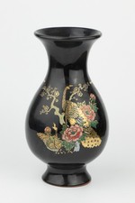 Vintage Black & Gold Lacquer Style Ceramic Vase - Peacock with Floral Design