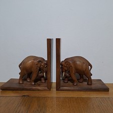 Vintage Hand Carved Wooden Elephant Bookends