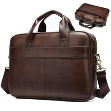 Vintage Men Briefcase Genuine Leather Large Business Travel Work Shoulder Bag