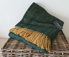 Herringbone Throw 100% Pure New Wool - Emerald Green & Mustard Sofa Bed Blanket 