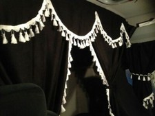 TRUCK CURTAINS  FULL SET - BLACK WITH WHITE TASSELS FIT SCANIA TOPLINE