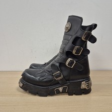 New Rock Reactor Flames Black Leather Chunky Mid Calf Rock Boots Uk 11 Eu 46