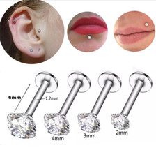 PAIR Shiny Crystal CZ Gem Labret Stud Lip Bar Monroe Tragus Helix Cartilage 6mm