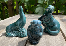 Poole Pottery Blue Animals - Dolphin & Otter Figures + Blue Chimp (unmarked)