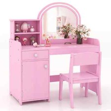 COSTWAY Kids Vanity Table Chair Set Lighted Mirror Storage Drawer Cabinet