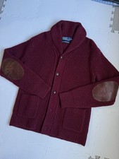 Polo Ralph Lauren Cardigan Men's M Red 100% Wool Elbow Patches Heavy Knit  Vtg