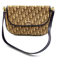 Auth Christian Dior CD Logo Trotter Canvas/Leather Brown Shoulder Bag NS100452