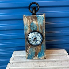 Rustic Woden Blue Wall or Table Clock with Iron Hook by Alma Artte -Battery 