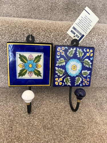 Pair hand blue floral painted - pair,