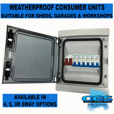 CONSUMER UNIT WEATHERPROOF UP TO 6 WAY 100 AMP SWITCH SHED GARAGE CHOICE OF MCB 
